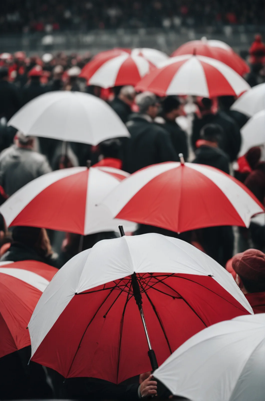 Multitud con sombrillas rojas y blancas bajo la lluvia